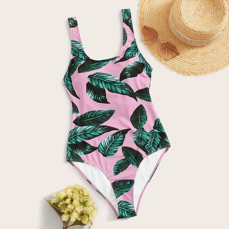 

Leaf Print Tie Back One Piece Tank Swimsuit, Multicolor