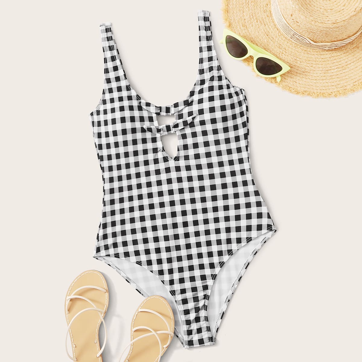 

Double Knot Gingham One Piece Swimsuit, Black and white