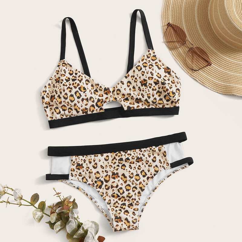 

Contrast Binding Leopard Bikini Swimsuit, Multicolor