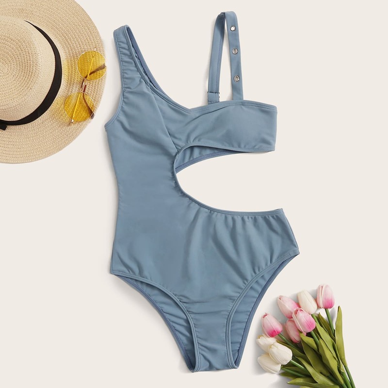 

Asymmetrical Neck Cutout One Piece Swimwear, Blue