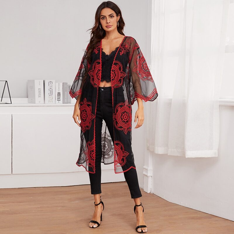 

Open Front Embroidered Mesh Kimono, Multicolor