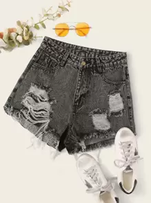 SHEIN EZwear Raw Hem Ripped Denim Shorts - Grey - View 1