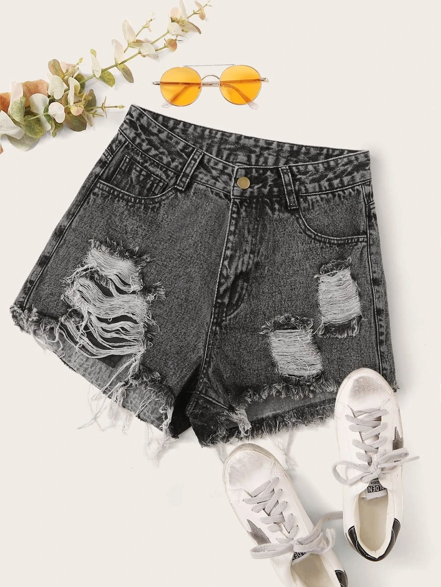 SHEIN EZwear Raw Hem Ripped Denim Shorts - Grey - View 1