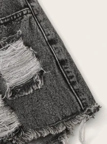 SHEIN EZwear Raw Hem Ripped Denim Shorts - Grey - View 3