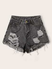 SHEIN EZwear Raw Hem Ripped Denim Shorts - Grey - View 4