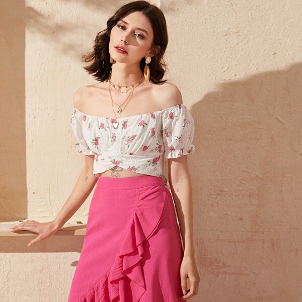 

Tie Back Floral Print Schiffy Bardot Top, Multicolor