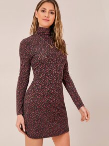 SHEIN Privé Mock-neck Ditsy Floral Dress - Multicolor - View 3
