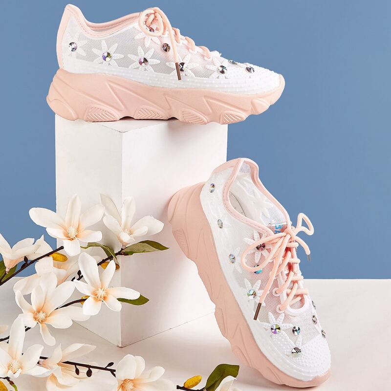 

Rhinestone Decor Lace-up Front Sneakers, Multicolor