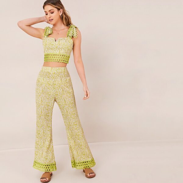 

Knot Strap Lace Trim Ditsy Floral Top & Pants Set, Yellow