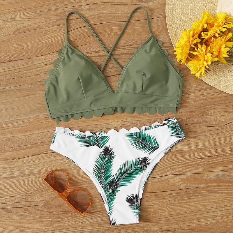

Tropical Print Scallop Trim Crisscross Bikini Swimsuit, Multicolor