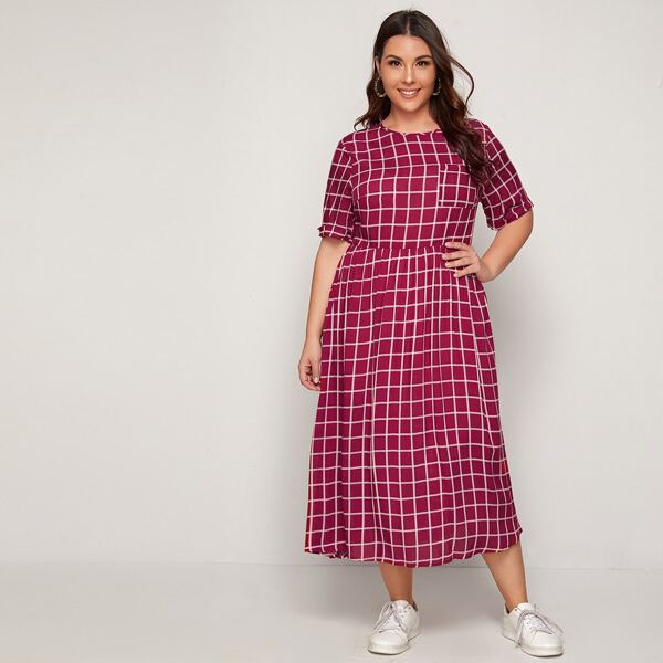 

Plus Rolled Sleeve Grid Dress, Burgundy