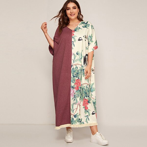 

Plus V-neck Batwing Sleeve Floral Spliced Cocoon Dress, Multicolor