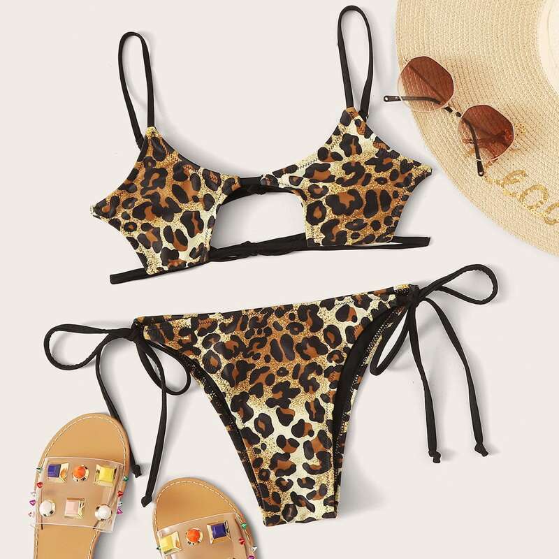 

Leopard Cut-out Tie Side Thong Bikini Swimsuit, Multicolor