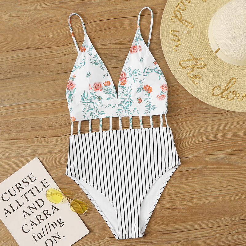 

Striped & Floral Print One Piece Swimsuit, Multicolor
