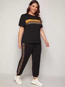 Mulvari Plus Leopard Panel Tee And Joggers Set, Summer