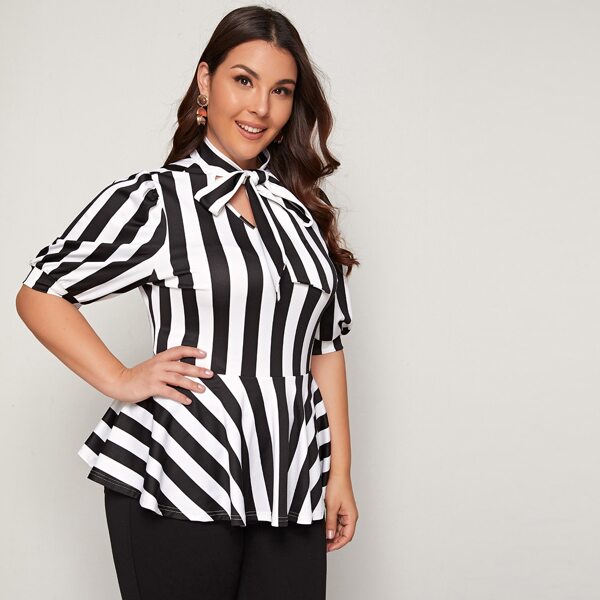 

Plus Tie Neck Striped Peplum Top, Black and white