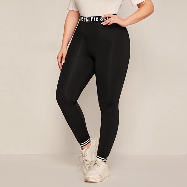 

Plus Letter Waist Striped Hem Leggings, Black