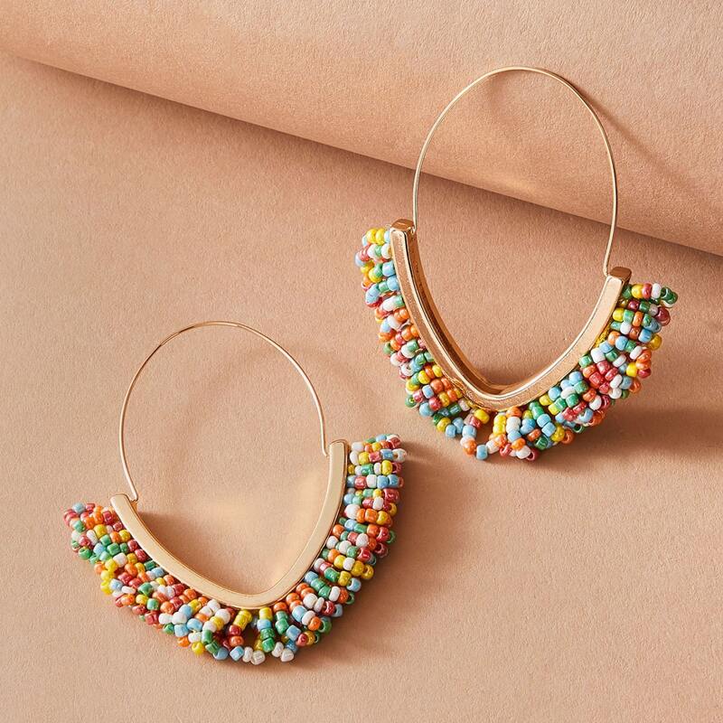 

1pair Beaded Tassel Earrings, Multicolor