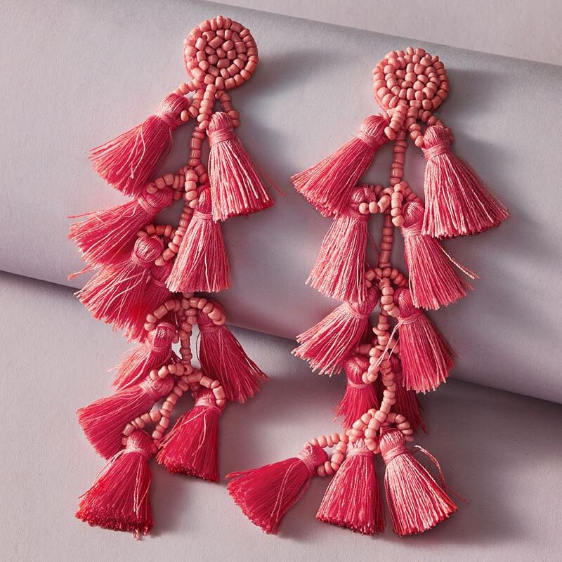 

1pair Beaded Tassel Tiered Drop Earrings, Red