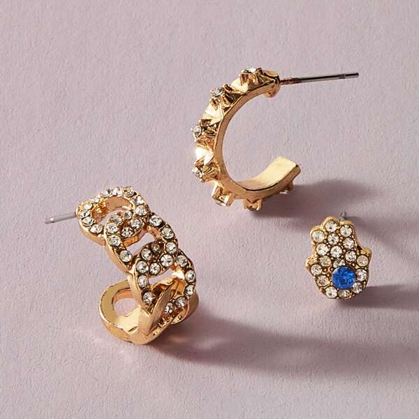 

3pcs Rhinestone Engraved Hand Design Earrings, Gold