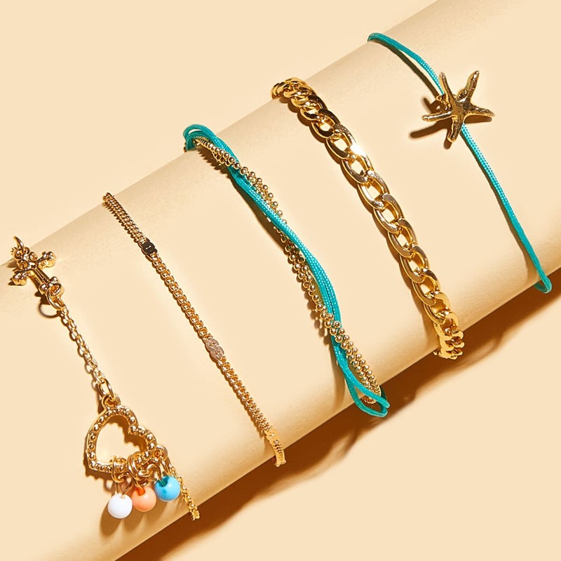 

5pcs Star & Heart Decor Anklet, Multicolor