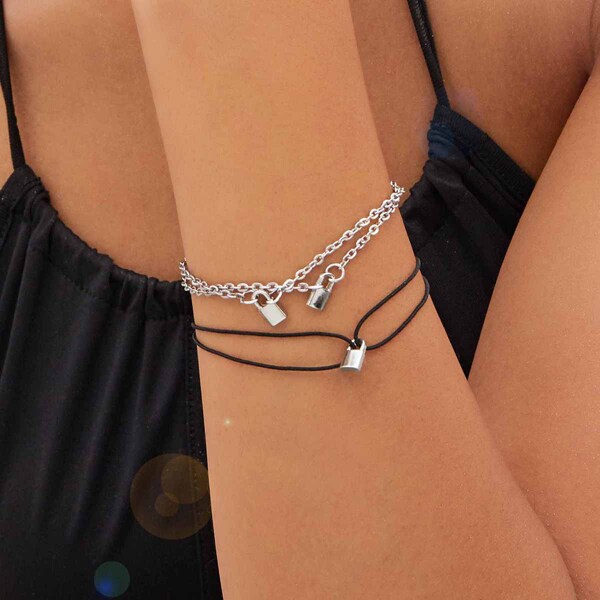 

2pcs Lock Charm Chain & String Bracelet, Multicolor