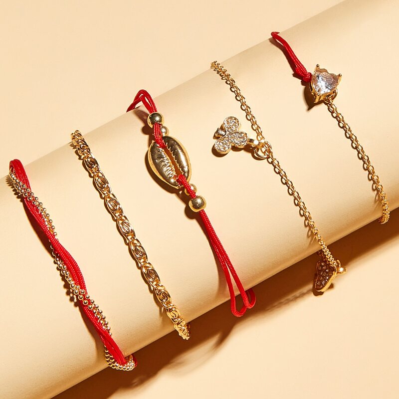 

5pcs Rhinestone & Shell Decor Anklet, Multicolor
