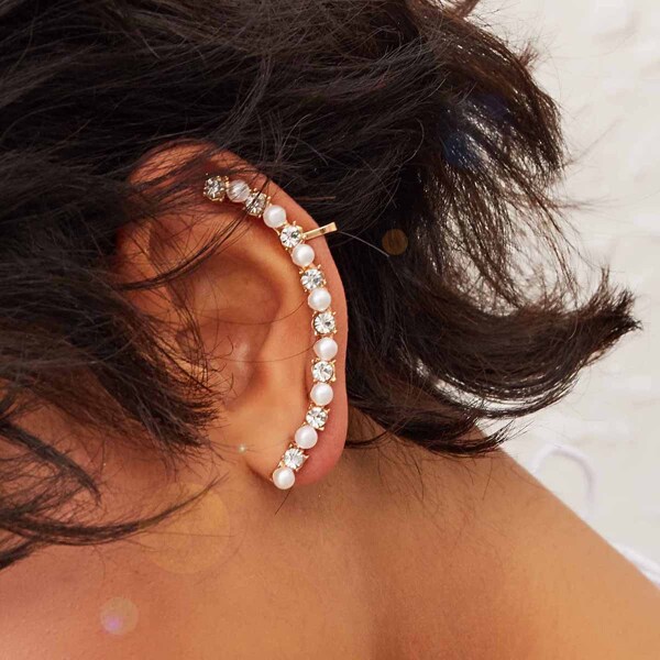 

1pc Rhinestone Decor Faux Pearl Decor Ear Climber, Multicolor