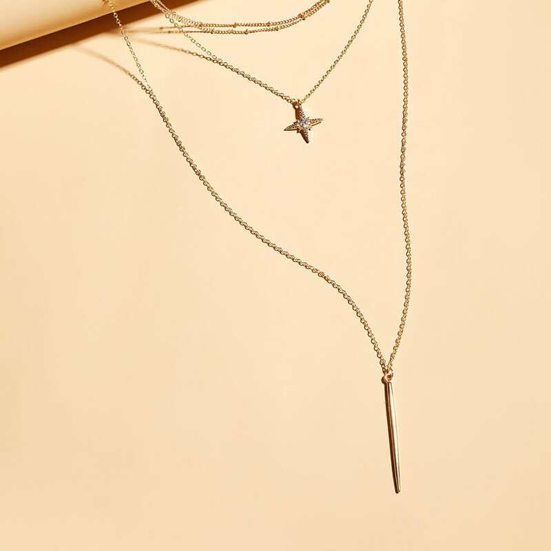 

1pc Hexagram & Bar Pendant Layered Necklace, Gold