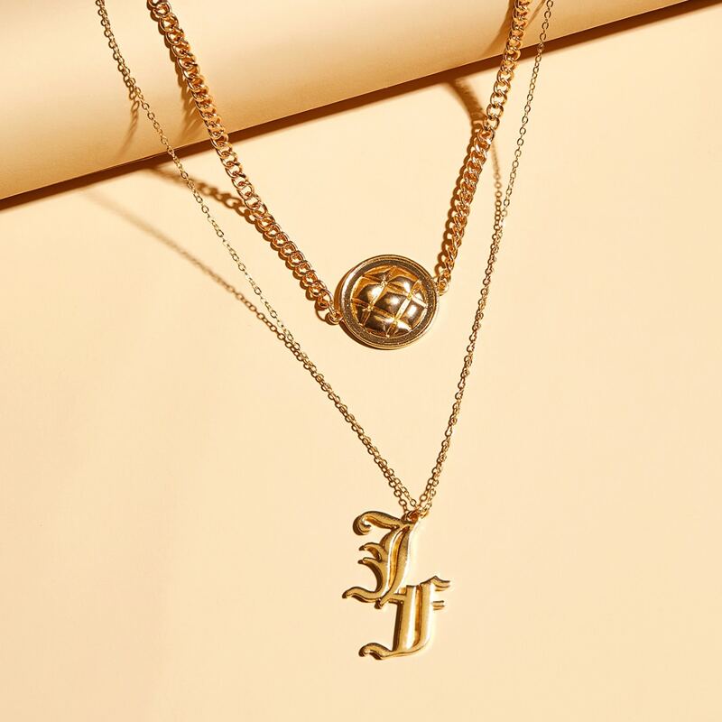 

2pcs Disc & Gothic Letter Charm Chain Necklace, Gold