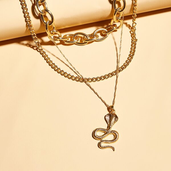 

2pcs Serpentine Charm & Chain Necklace, Gold