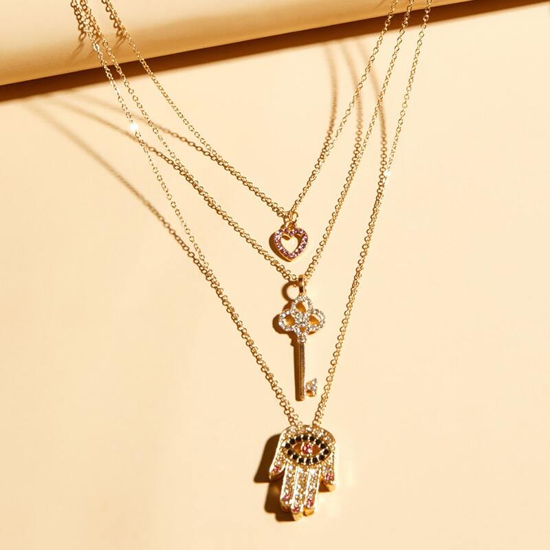

3pcs Rhinestone Heart & Key Pendant Necklace, Gold