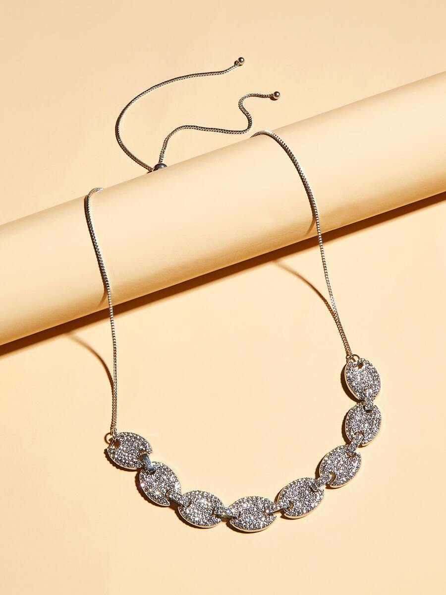 1入組水鑽紋理橢圓吊墜垂墜項鍊 - 銀色 - 查看 1