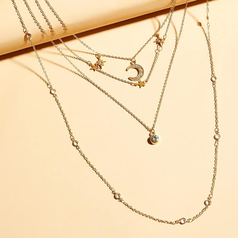 

3pcs Rhinestone Engraved Moon & Star Charm Necklace, Gold