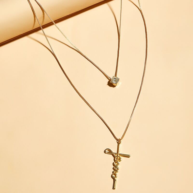 

2pcs Rhinestone Engraved & Cross Charm Necklace, Gold