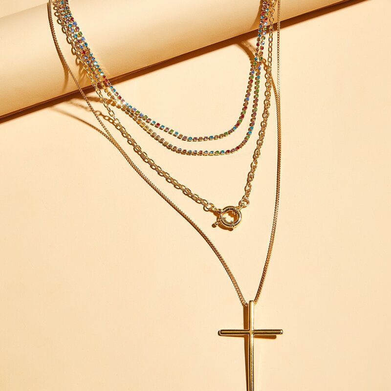 

4pcs Cross & Ring Charm Rhinestone Necklace, Gold