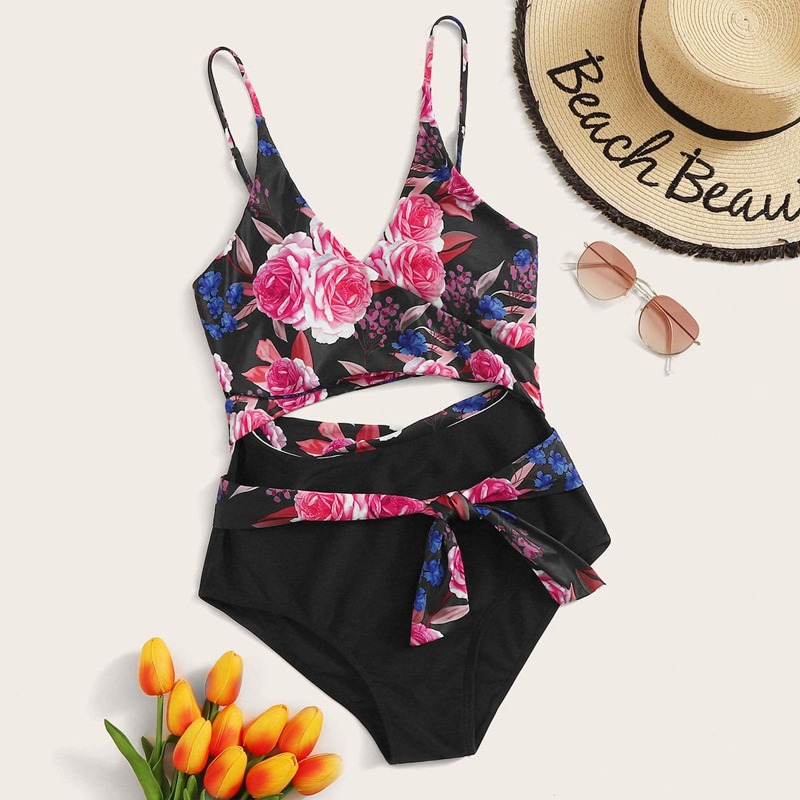 

Floral Random Print One Piece Swimsuit, Multicolor