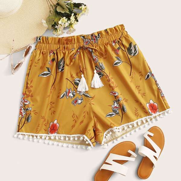 

Plus Plants Print Pom Pom Tie Front Shorts, Yellow