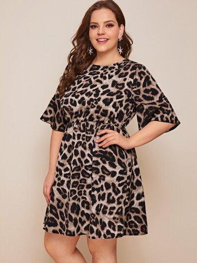 Plus Leopard Print Flounce Sleeve Dress