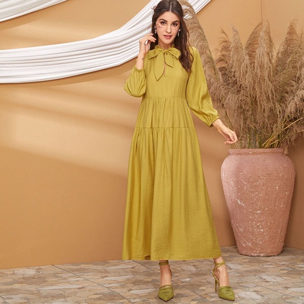 

Solid Tie Neck Babydoll Dress, Yellow