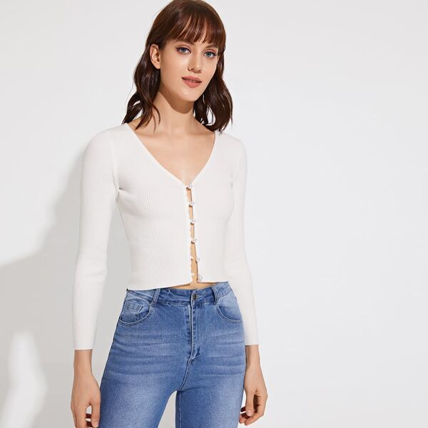 

Pearl Button Front Rib-knit Fitted Cardigan, White