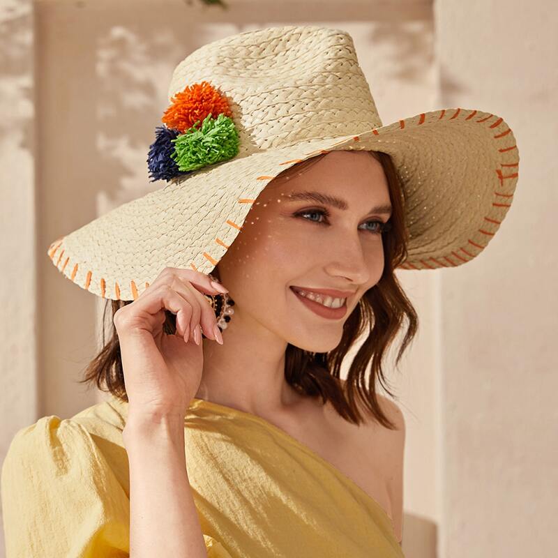 

Pom Pom Decor Letter Embroidery Straw Hat, Beige