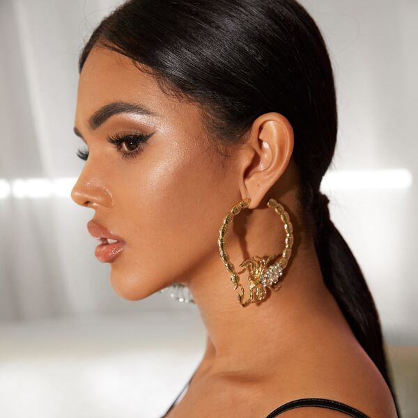 

1pair Rhinestone Decor Scorpion Hoop Earrings, Gold