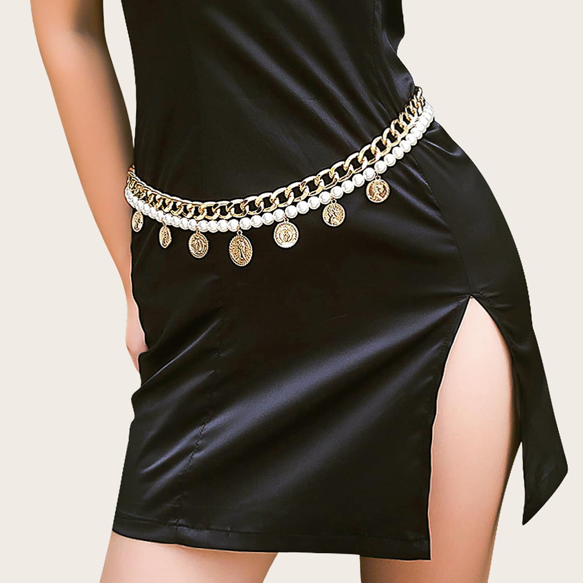 

Coin Charm Faux Pearl Decor Waist Chain Belt, Multicolor