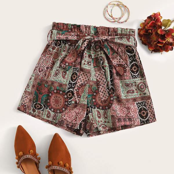 

Tribal Print Paperbag Waist Belted Shorts, Multicolor