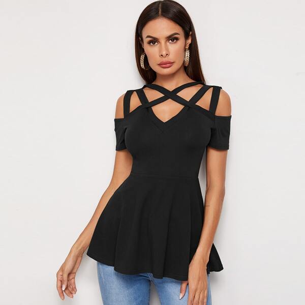 

Cold Shoulder Criss Cross Peplum Top, Black