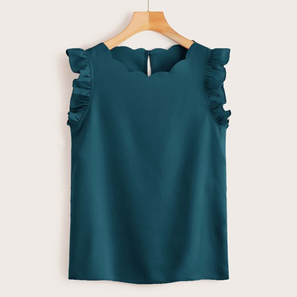 

Ruffle Armhole Scallop Edge Top, Teal blue