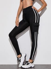SHEIN LUNE Contrast Striped Tape Flap Pocket Leggings - Black - View 3