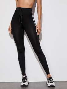 SHEIN LUNE Contrast Striped Tape Flap Pocket Leggings - Black - View 4