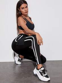 SHEIN LUNE Contrast Striped Tape Flap Pocket Leggings - Black - View 5